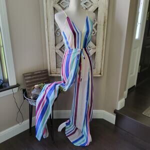 Latiste Women's Slit Pant Halter Jumpsuit with Shorts in Colorful Stripes